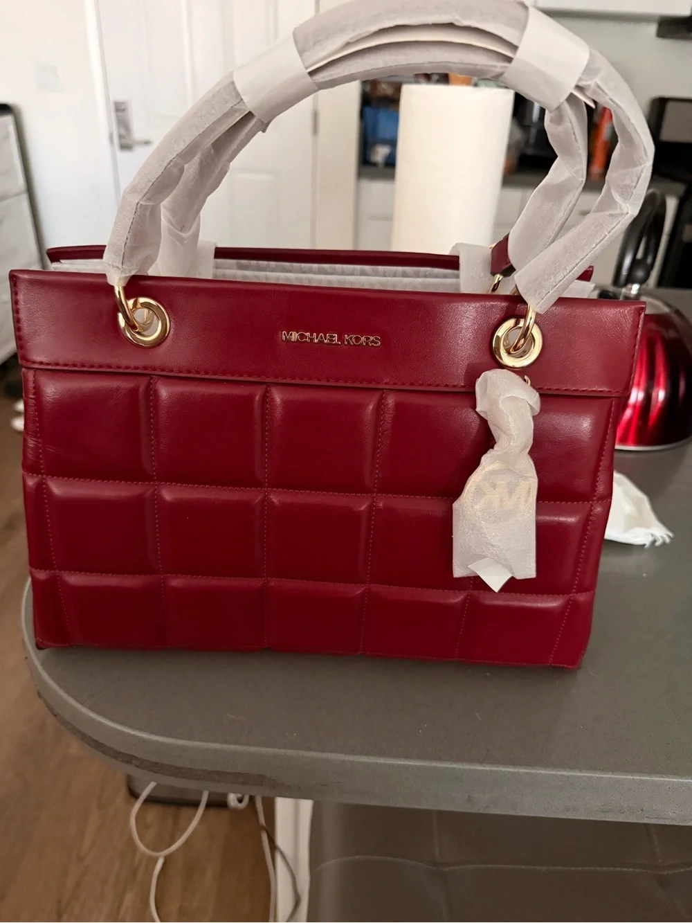 Michael Kors Red Quilted Top-Handle Satchel with Gold Hardware
